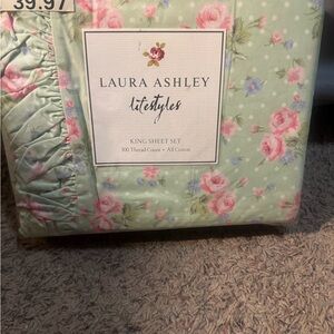 VTG Laura Ashley Madeline Floral King Sheet Set & Ruffle Shams New Green Pink